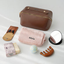 Load image into Gallery viewer, Relaxing Self Care Set (Leather Toiletry Bag, Towel, Mirror, Bath Bomb, Manicure Set, Massage Comb, Eye Mask/Soap Bar)
