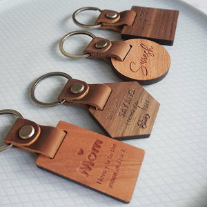 Personalized Real Leather Wood Keychain