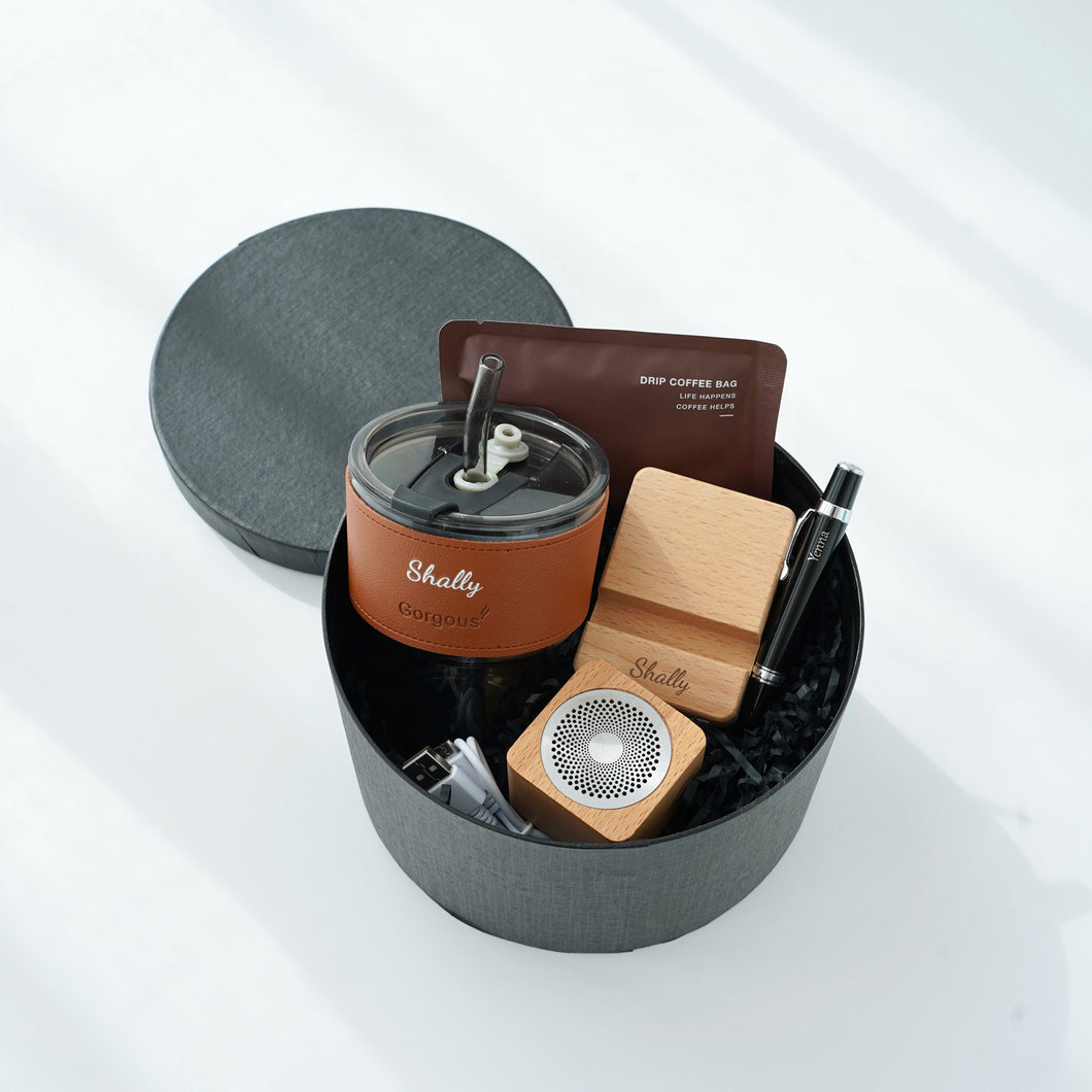 Classic gift set #11 (Portable Glass Cup, Bluetooth Speaker, Phone Holder, Gel Pen & Coffee)