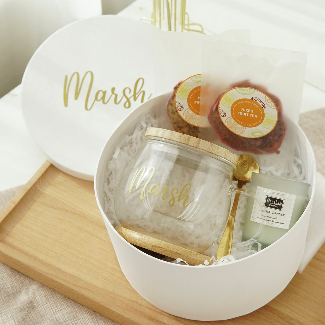 Classic gift set #6 (Glass tea cup with coaster, Mixed fruit tea, Scented Candle/ Chocolate/ Soap Flower)