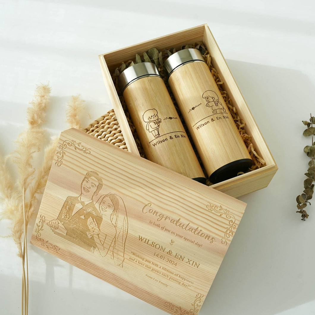 Personalized Couple Bamboo Thermal Flask set with engraved box