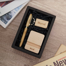 Load image into Gallery viewer, Classic Gift Set #8  - Personalized Bamboo Gel Pen, Phone holder, Granola/ Wooden Name Keychain
