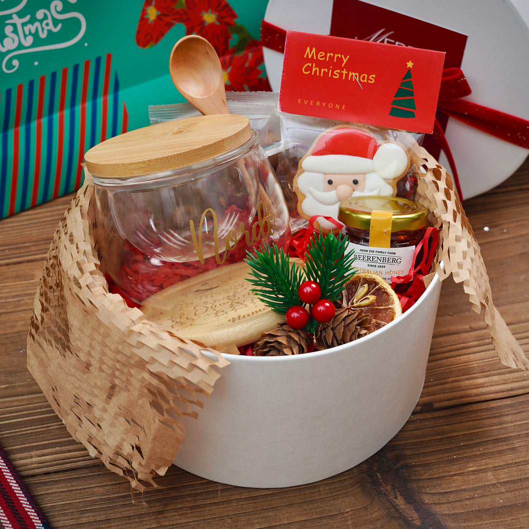 2024: Christmas afternoon tea set: Glass tea cup+coaster+tea+spoon+honey+Christmas cookies