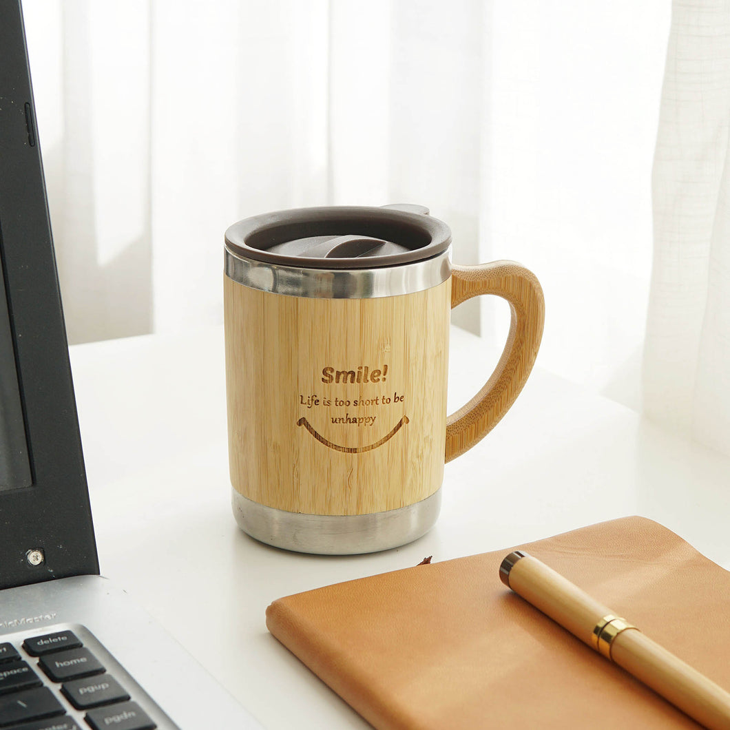 Personalized Bamboo Stainless Steel Mug with handle and lid