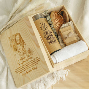 For Her #2 - Towel, Thermal Flask, Hair Brush, Mirror, Soap Bar, Wooden Box
