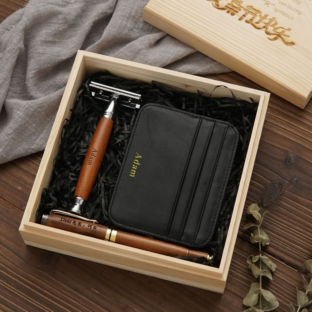 For HIM #3 -Wooden Razor, Leather card holder, Wooden Pen