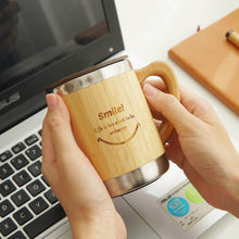 Load image into Gallery viewer, Personalized Bamboo Stainless Steel Mug with handle and lid
