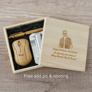 Office Gift Set #06 - Bamboo Wireless Mouse, Bamboo Gel pen, Desk Phone Holder