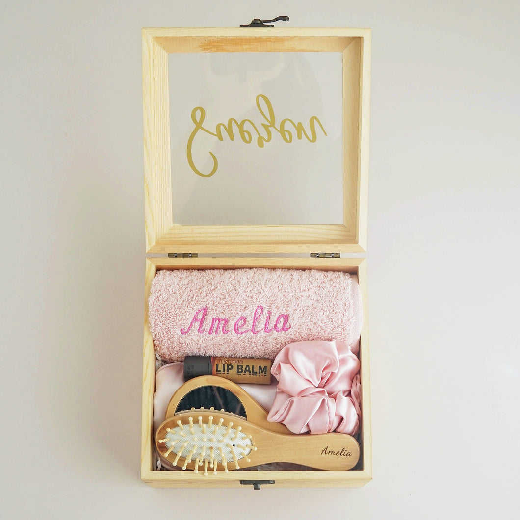 For her #4- Towel, Mirror, Hairbrush, Eye sleeping mask, Scrunchie, Lip balm, Wooden Box